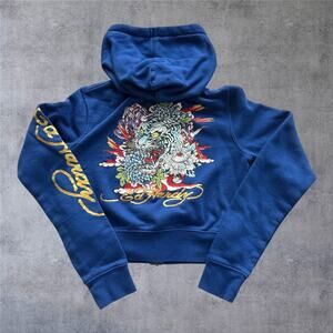 Ed Hardy Tiger Hoodie Women’s Sz S Blue Full Zip Cropped Y2K Tattoo Graphic VTG